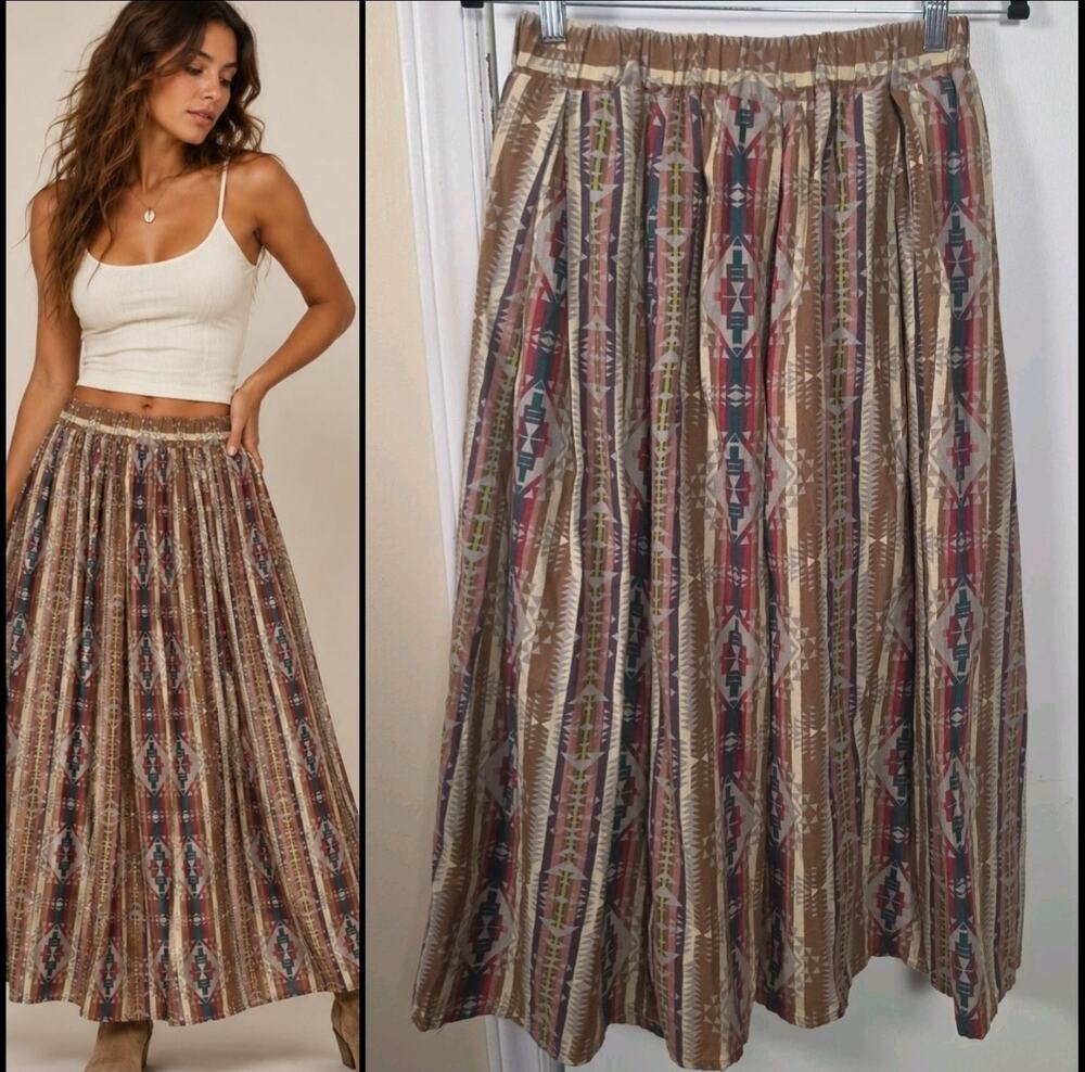 Titicaca Modest Brown Long Aztec Lined Skirt Size Small Western Boho Country